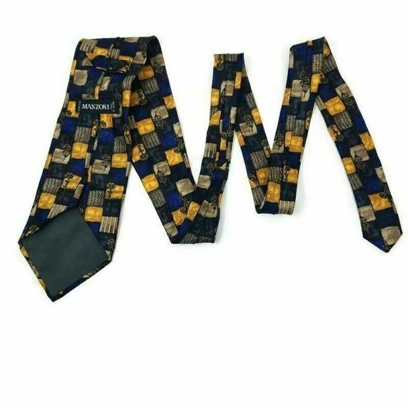 Manzoni Mens Necktie Multicolor Blue Patchwork 100% Silk Classic Tie 59"L - Picture 3 of 7